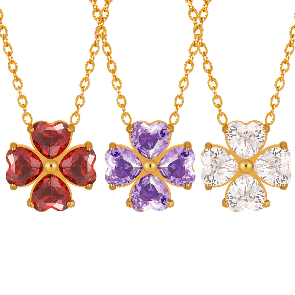 18K Gold Plated Stainless Steel CZ Diamond Heart Leaf Clover Pendant Necklace with Link Chain for Women's Trendy Fashion Jewelry