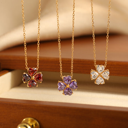 18K Gold Plated Stainless Steel CZ Diamond Heart Leaf Clover Pendant Necklace with Link Chain for Women's Trendy Fashion Jewelry