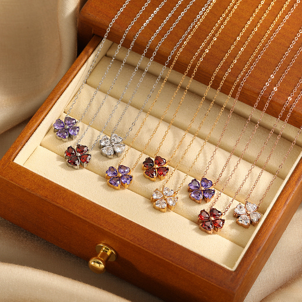 18K Gold Plated Stainless Steel CZ Diamond Heart Leaf Clover Pendant Necklace with Link Chain for Women's Trendy Fashion Jewelry