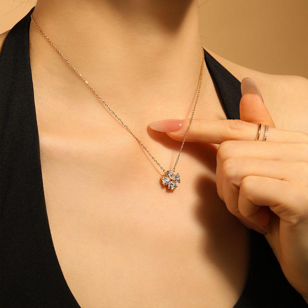 18K Gold Plated Stainless Steel CZ Diamond Heart Leaf Clover Pendant Necklace with Link Chain for Women's Trendy Fashion Jewelry