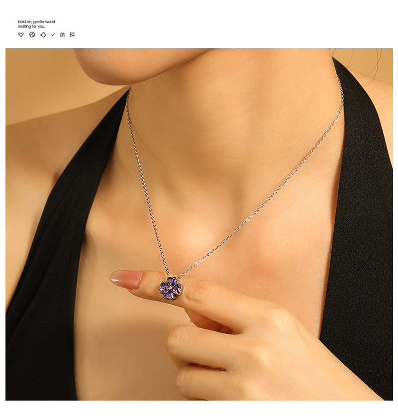18K Gold Plated Stainless Steel CZ Diamond Heart Leaf Clover Pendant Necklace with Link Chain for Women's Trendy Fashion Jewelry