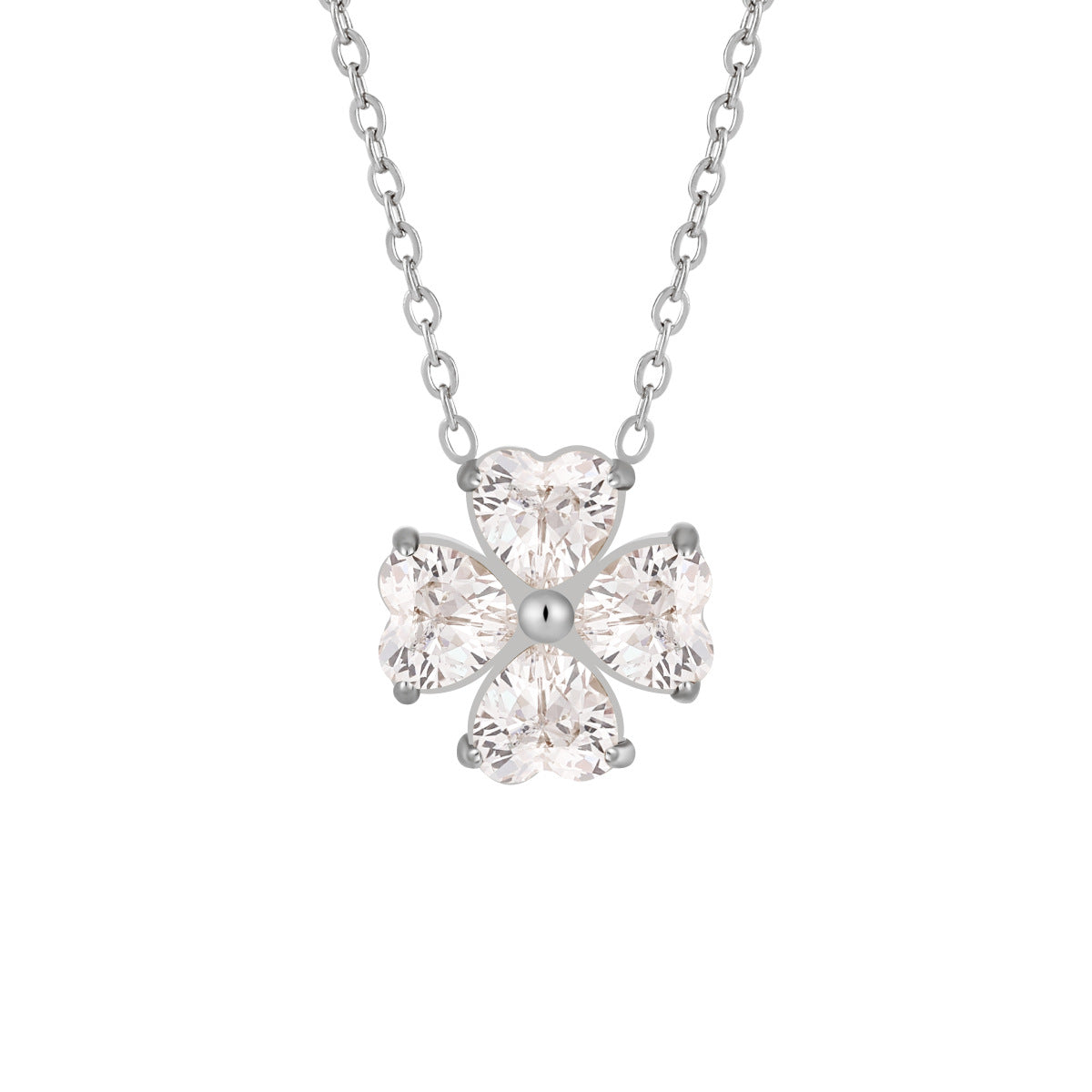 18K Gold Plated Stainless Steel CZ Diamond Heart Leaf Clover Pendant Necklace with Link Chain for Women's Trendy Fashion Jewelry