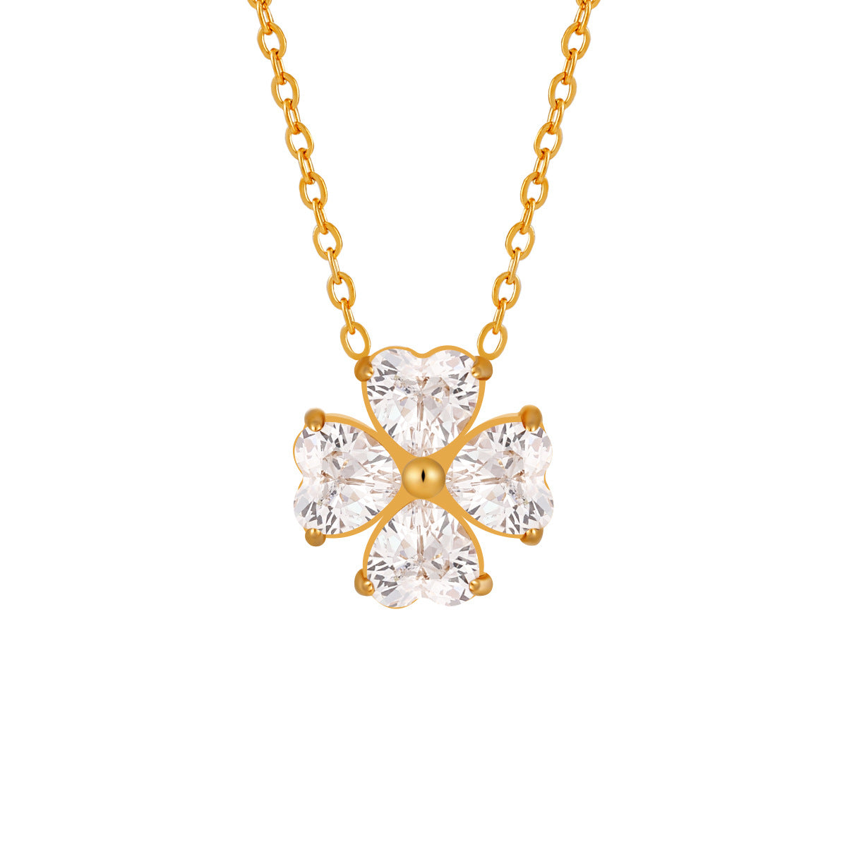 18K Gold Plated Stainless Steel CZ Diamond Heart Leaf Clover Pendant Necklace with Link Chain for Women's Trendy Fashion Jewelry