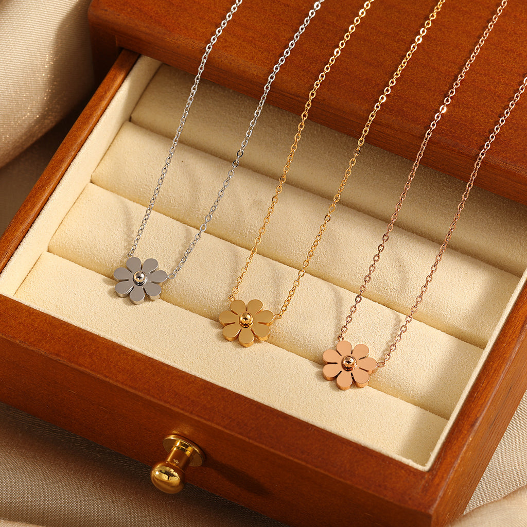 Hot Selling Trendy 18K Gold Plated Stainless Steel Link Chain Tassel Flower Pendant Necklace for Women Anniversary Gift Party