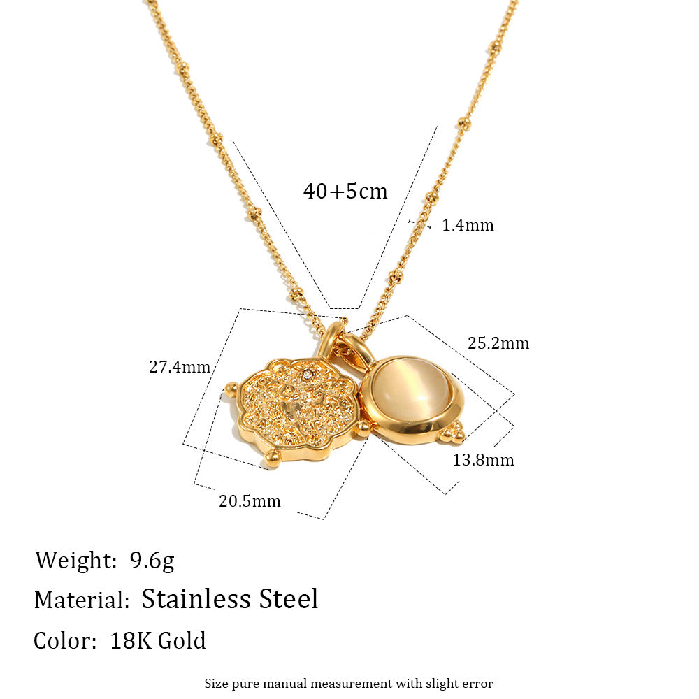 18K Gold Plated Stainless Steel Natural Jade Stone Pendant Necklace Link Chain Women's Trendy Geometric Fashion Jewelry