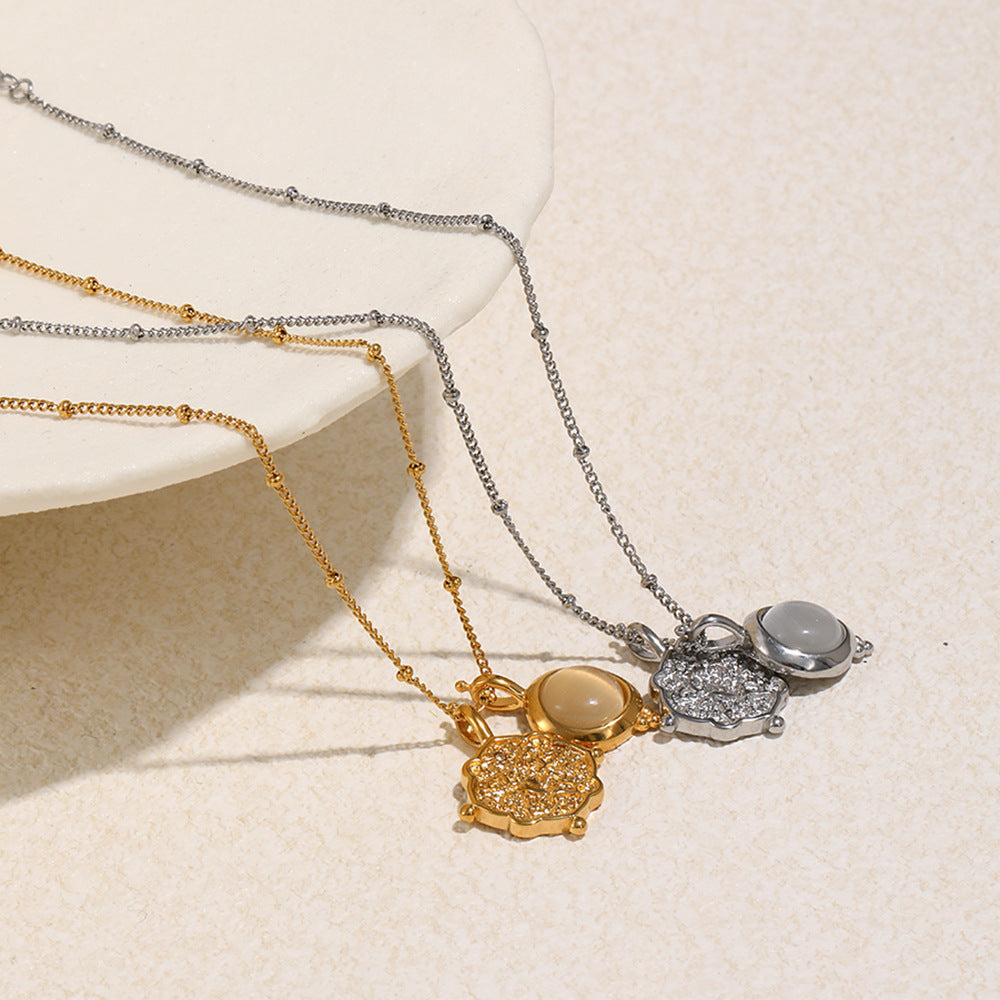 18K Gold Plated Stainless Steel Natural Jade Stone Pendant Necklace Link Chain Women's Trendy Geometric Fashion Jewelry