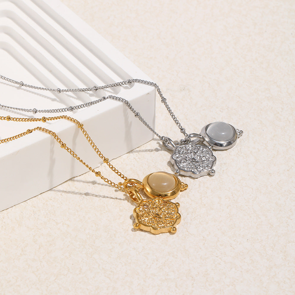 18K Gold Plated Stainless Steel Natural Jade Stone Pendant Necklace Link Chain Women's Trendy Geometric Fashion Jewelry