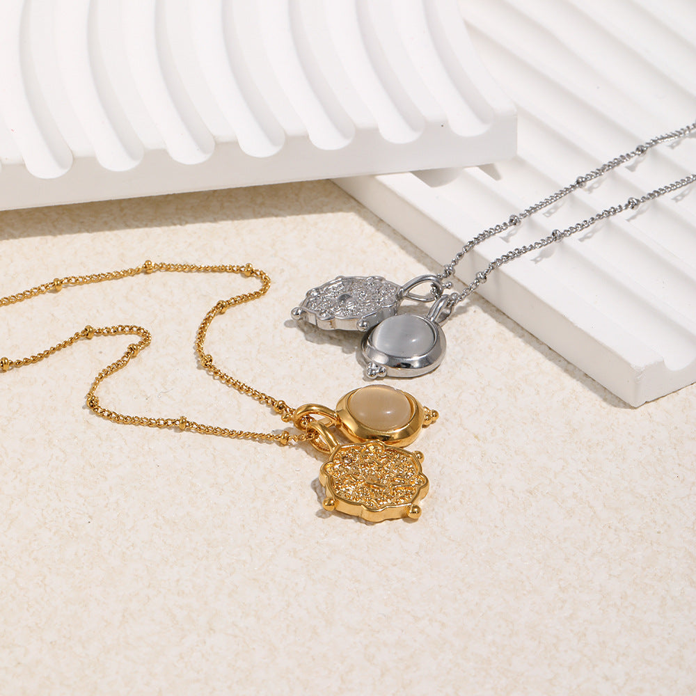 18K Gold Plated Stainless Steel Natural Jade Stone Pendant Necklace Link Chain Women's Trendy Geometric Fashion Jewelry