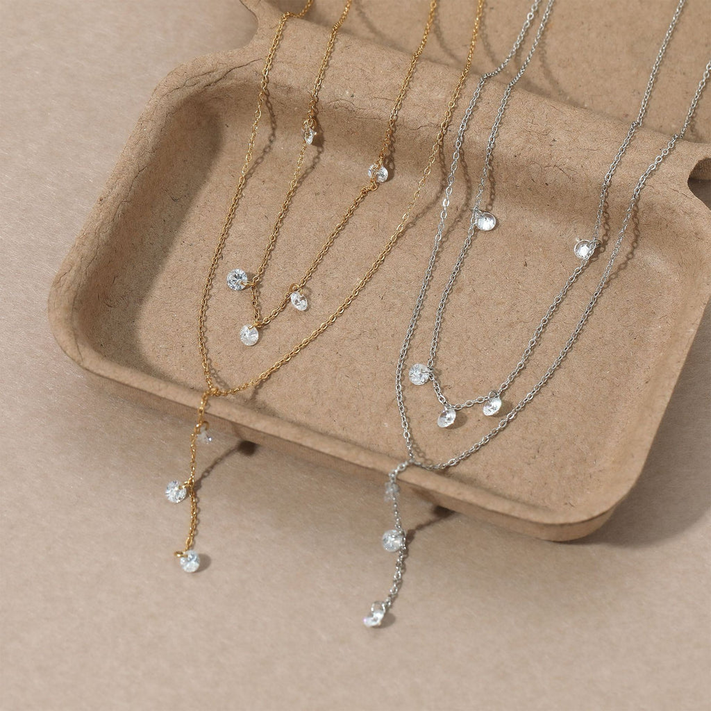 Trendy 2 Layers Y Shape Long Pendant White Zircon Stainless Steel 18K Gold Plated Chain Necklaces Wholesale Customization Women