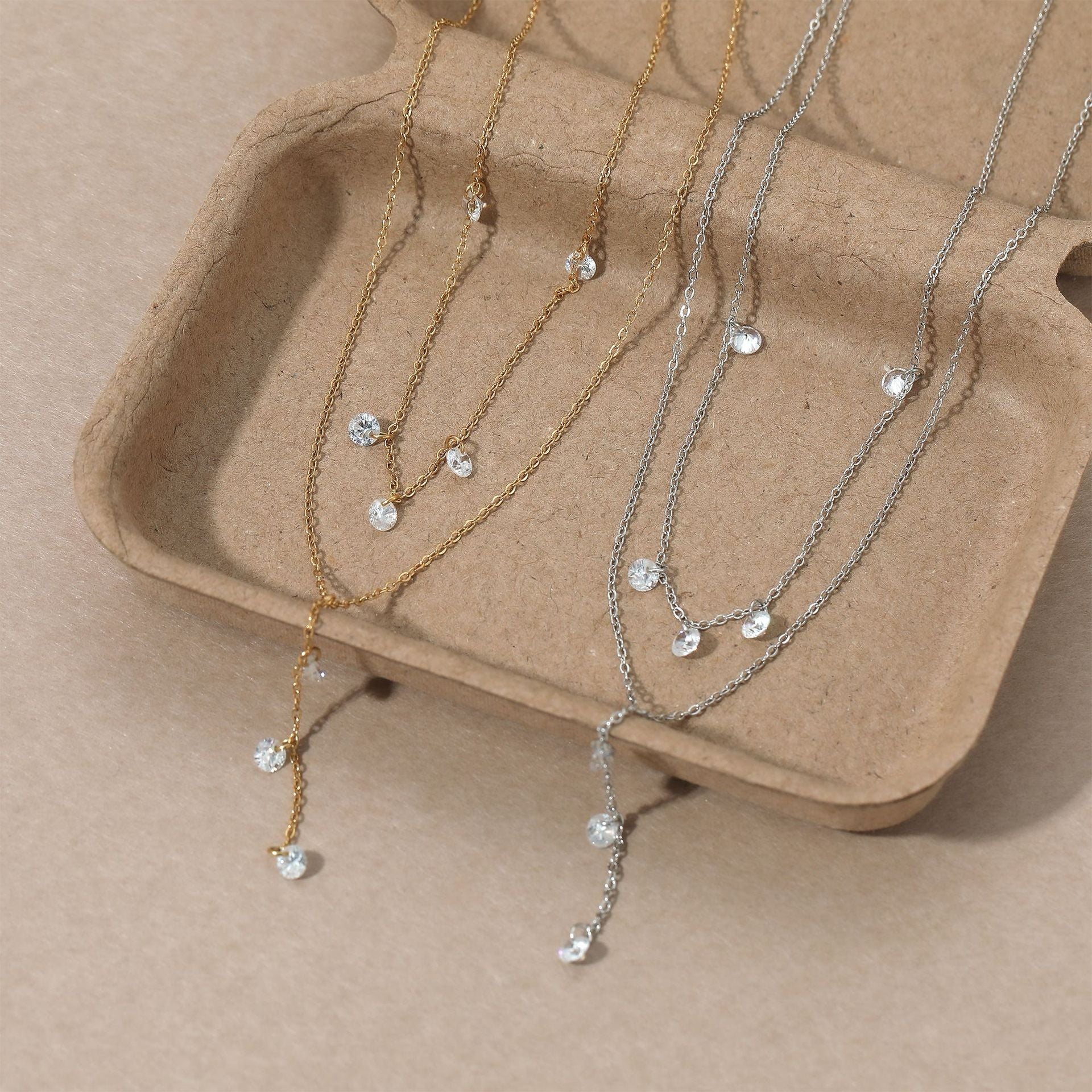Trendy 2 Layers Y Shape Long Pendant White Zircon Stainless Steel 18K Gold Plated Chain Necklaces Wholesale Customization Women