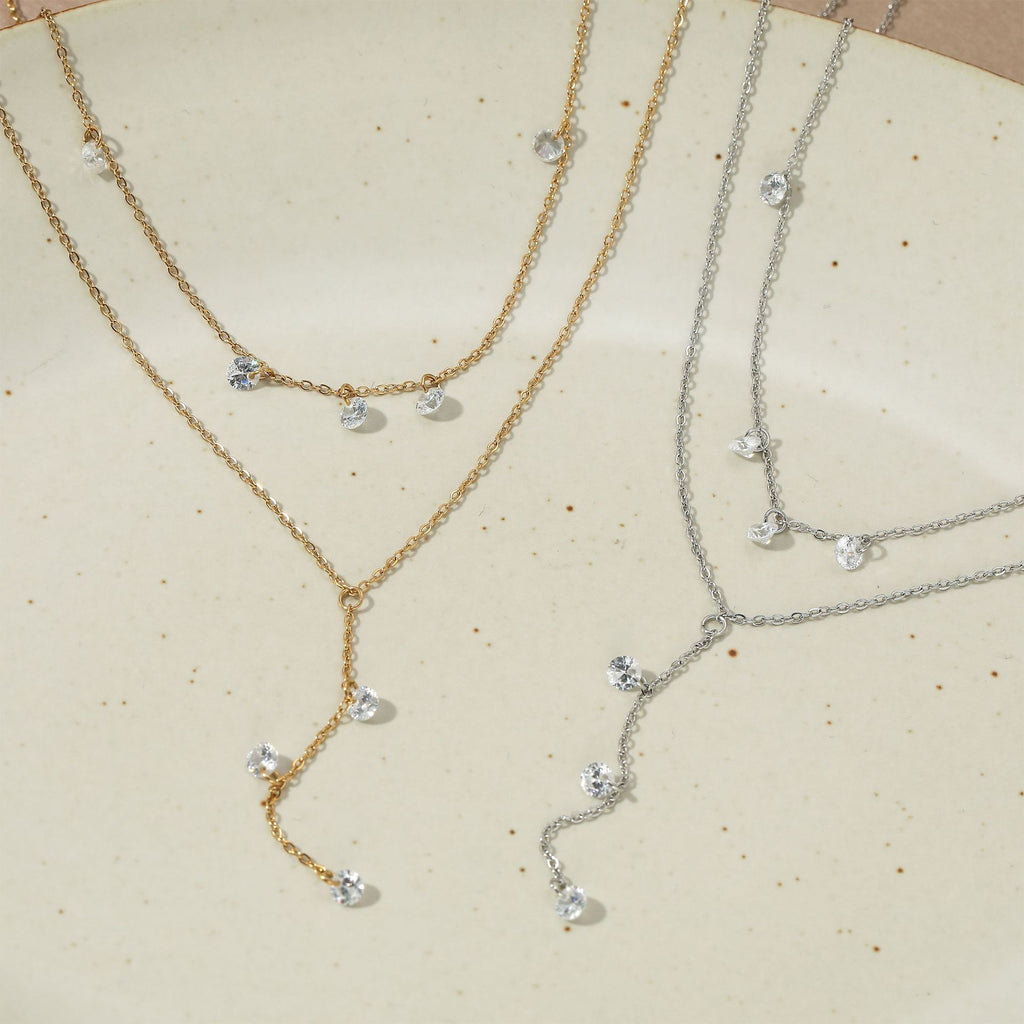Trendy 2 Layers Y Shape Long Pendant White Zircon Stainless Steel 18K Gold Plated Chain Necklaces Wholesale Customization Women