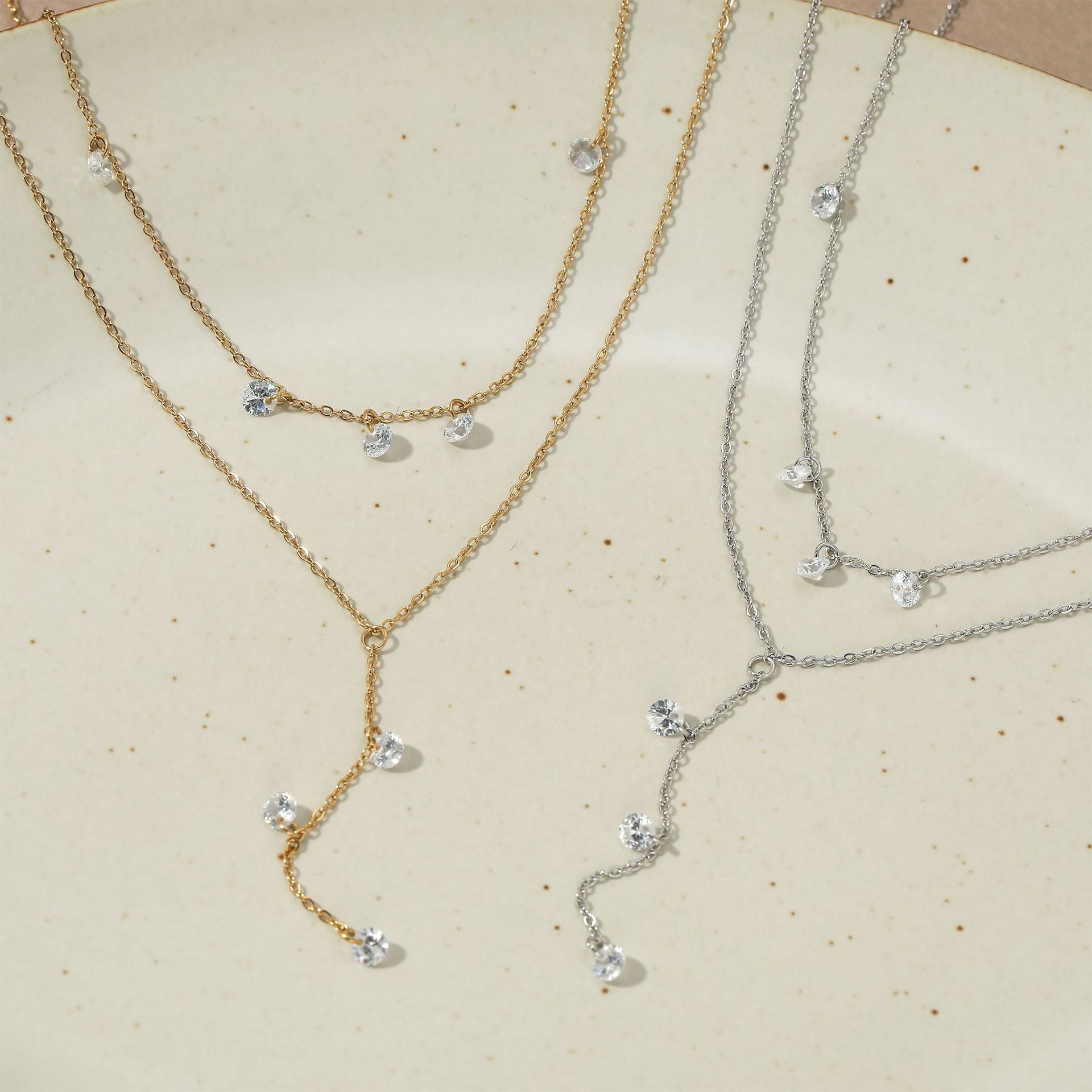 Trendy 2 Layers Y Shape Long Pendant White Zircon Stainless Steel 18K Gold Plated Chain Necklaces Wholesale Customization Women