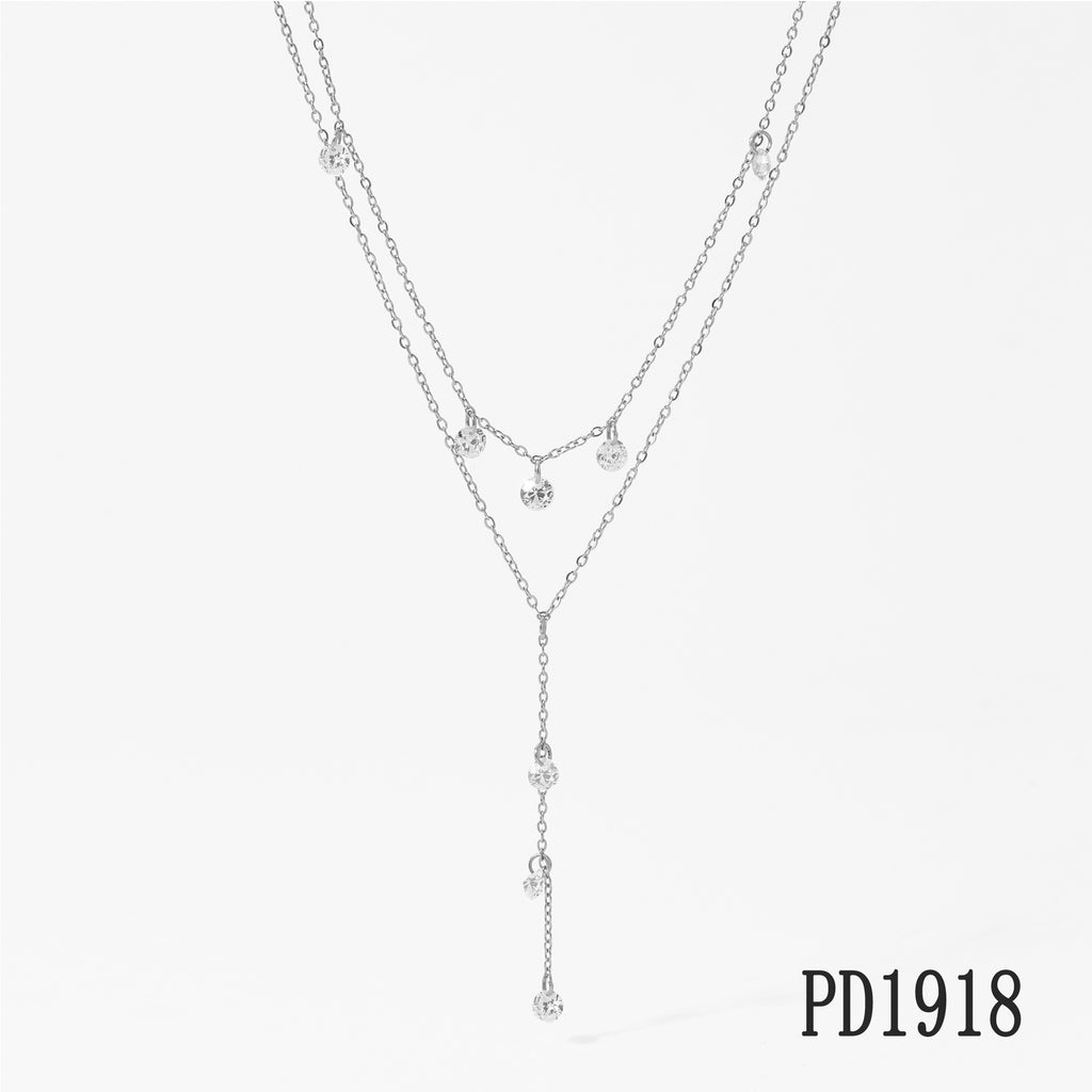 Trendy 2 Layers Y Shape Long Pendant White Zircon Stainless Steel 18K Gold Plated Chain Necklaces Wholesale Customization Women
