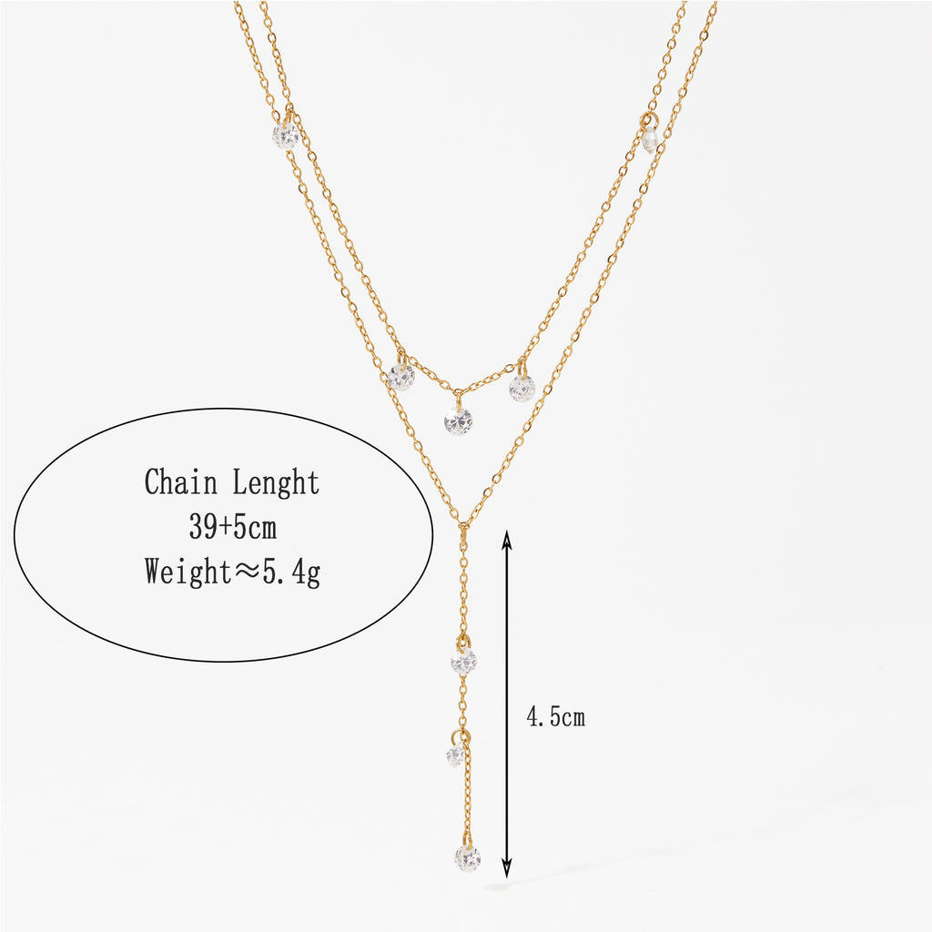 Trendy 2 Layers Y Shape Long Pendant White Zircon Stainless Steel 18K Gold Plated Chain Necklaces Wholesale Customization Women