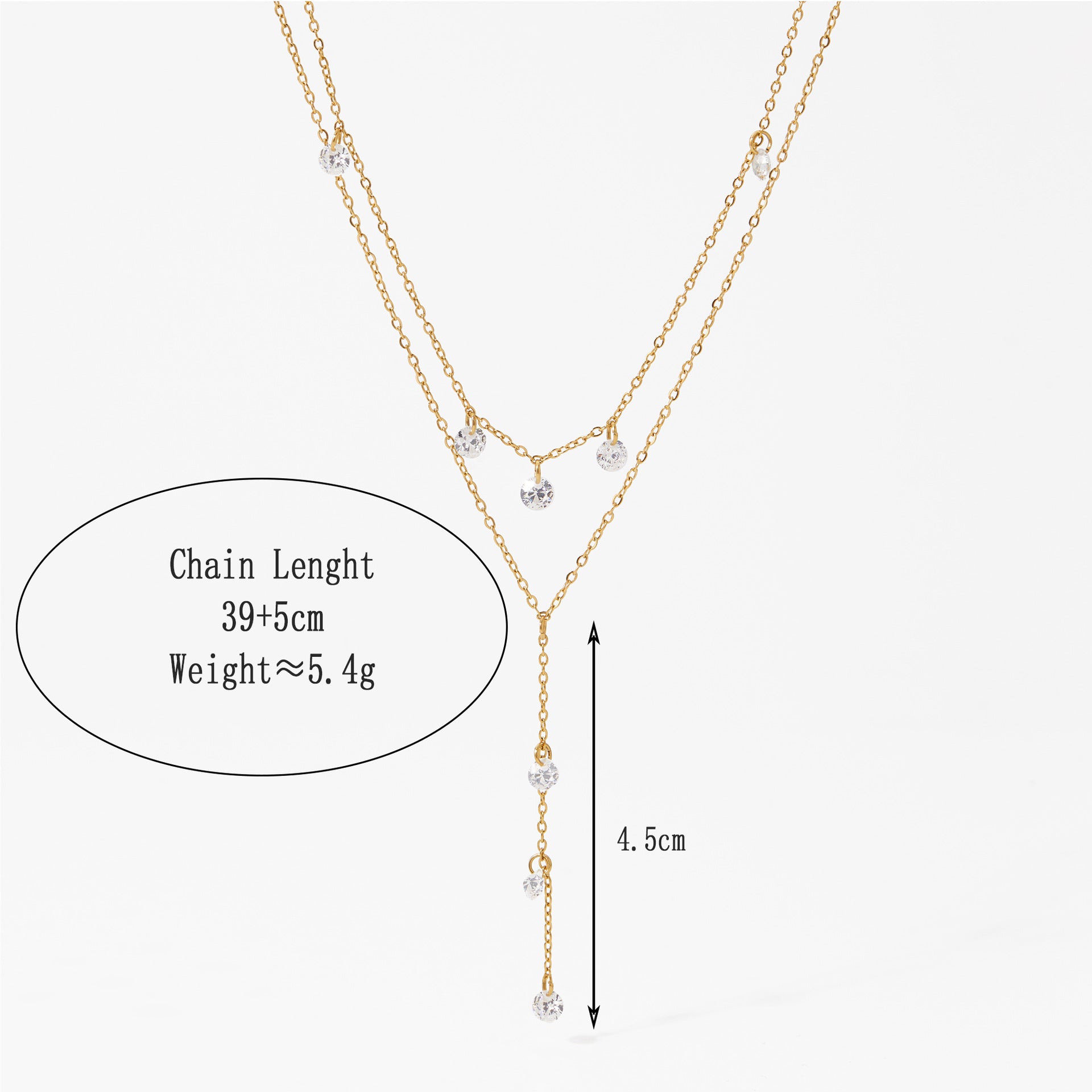 Trendy 2 Layers Y Shape Long Pendant White Zircon Stainless Steel 18K Gold Plated Chain Necklaces Wholesale Customization Women