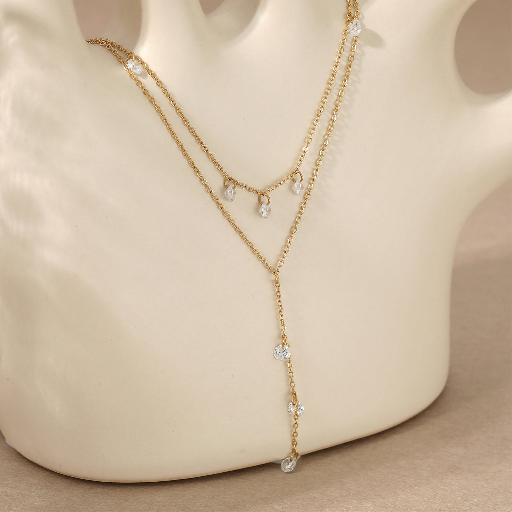 Trendy 2 Layers Y Shape Long Pendant White Zircon Stainless Steel 18K Gold Plated Chain Necklaces Wholesale Customization Women