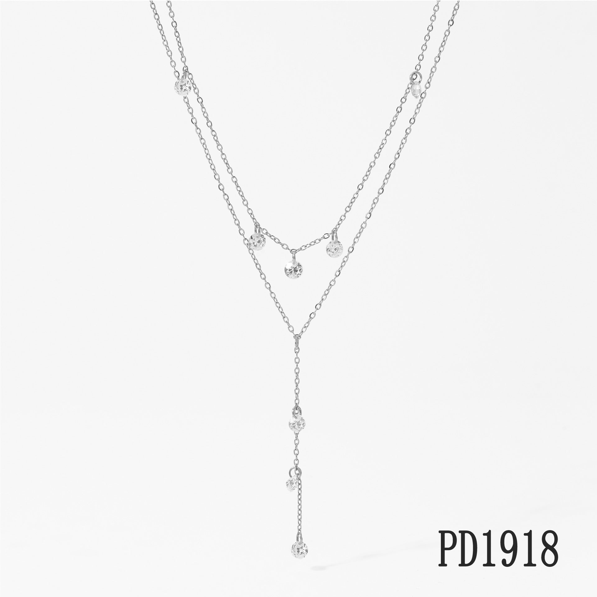 Trendy 2 Layers Y Shape Long Pendant White Zircon Stainless Steel 18K Gold Plated Chain Necklaces Wholesale Customization Women