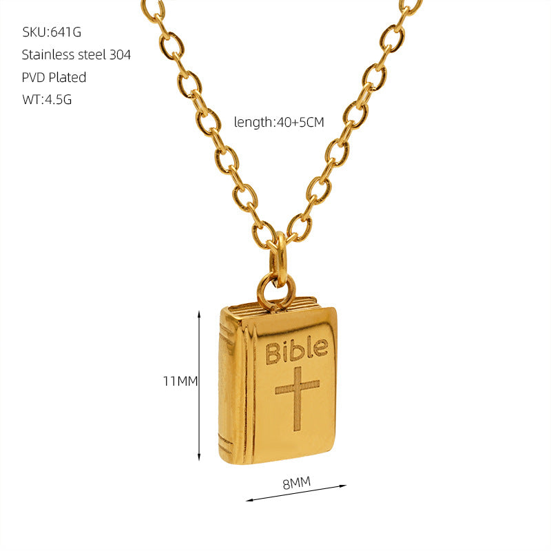 Unisex Trendy Stainless Steel 18K Gold Plated Book-Shaped Pendant Necklace with Link Chain-Party Gift