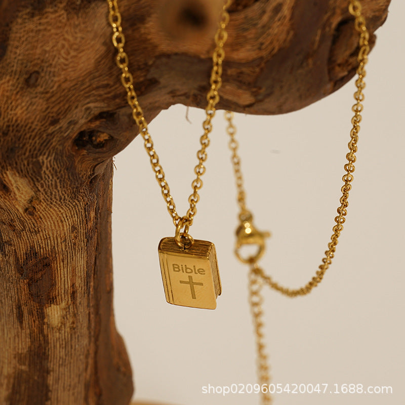 Unisex Trendy Stainless Steel 18K Gold Plated Book-Shaped Pendant Necklace with Link Chain-Party Gift