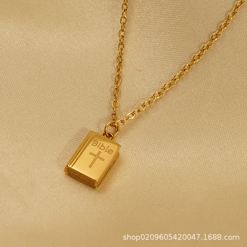 Unisex Trendy Stainless Steel 18K Gold Plated Book-Shaped Pendant Necklace with Link Chain-Party Gift