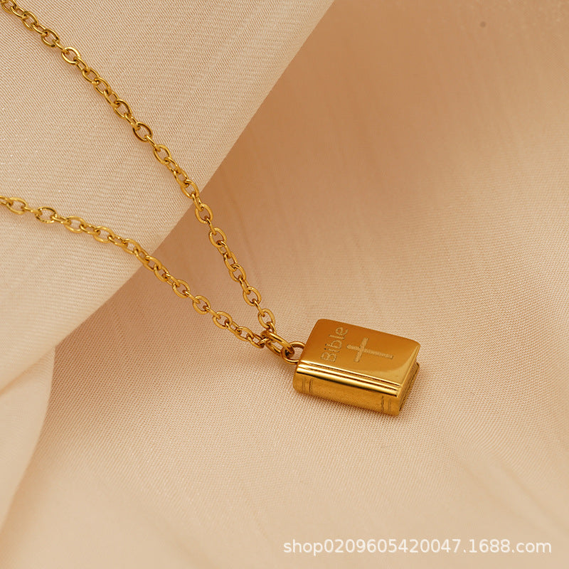Unisex Trendy Stainless Steel 18K Gold Plated Book-Shaped Pendant Necklace with Link Chain-Party Gift