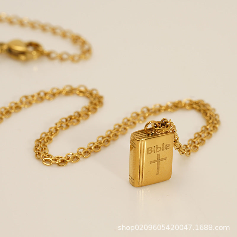 Unisex Trendy Stainless Steel 18K Gold Plated Book-Shaped Pendant Necklace with Link Chain-Party Gift