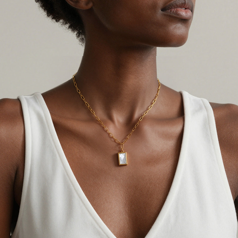 MH Unisex Trendy Stainless Steel 18K Gold Plated Natural Shell Rectangular Link Chain Pendant Necklace for Party