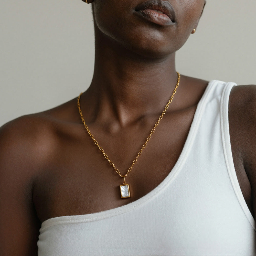 MH Unisex Trendy Stainless Steel 18K Gold Plated Natural Shell Rectangular Link Chain Pendant Necklace for Party