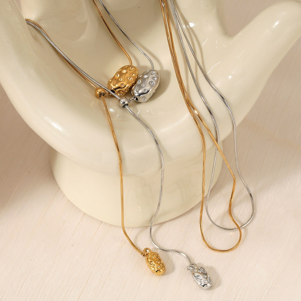 18K Gold Plated Stainless Steel Rope Slide Link Chain Geometric Pendant Adjustable Choker Necklace Unisex Trendy Light Gift