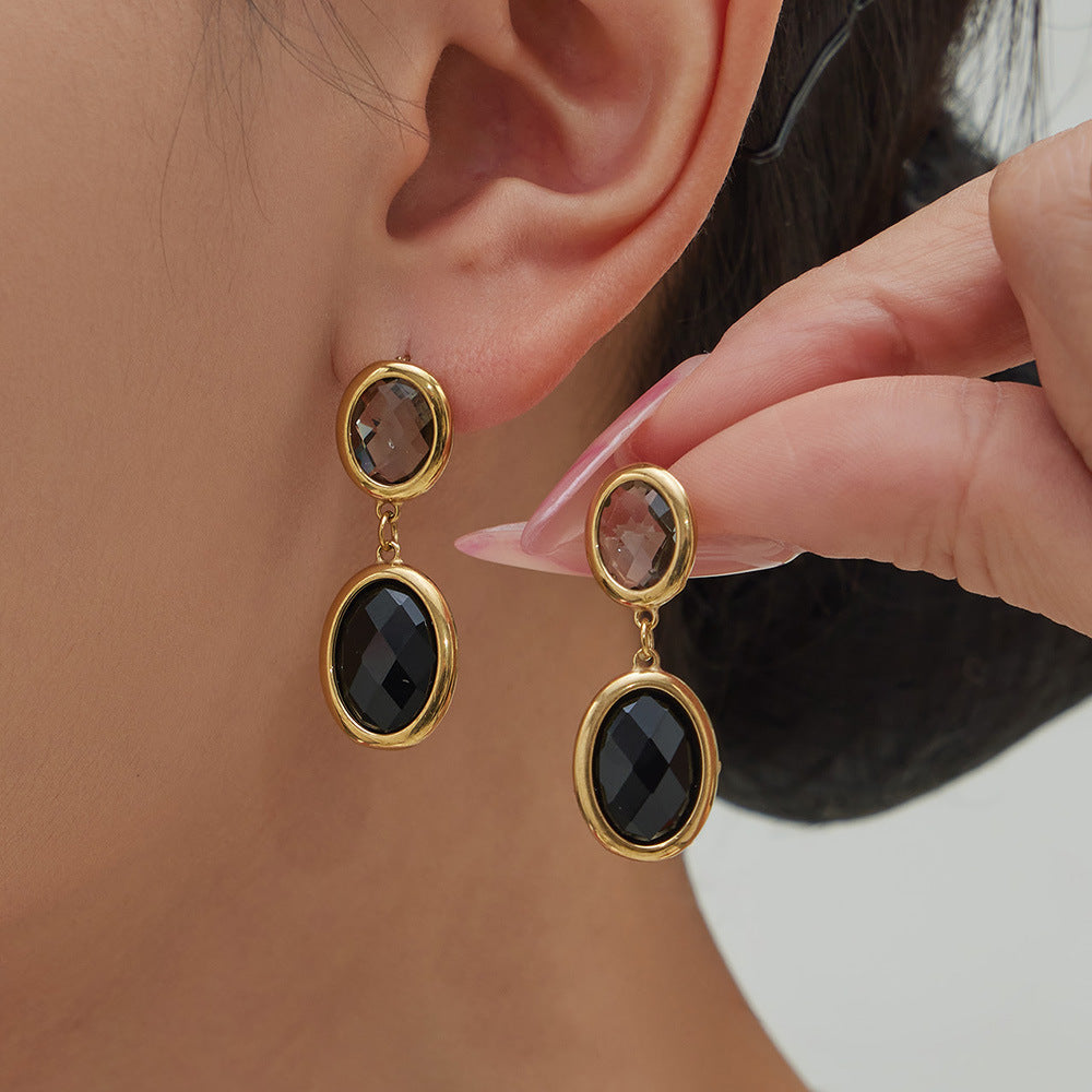 Trendy Vintage Teardrop Long Glass Drop Earrings for Women 18K Gold Plated Waterproof Stainless Steel Party