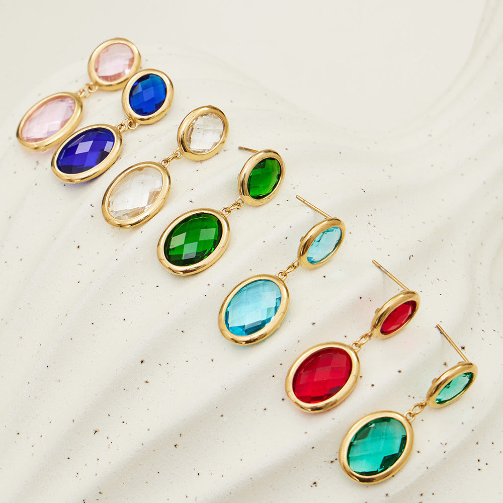 Trendy Vintage Teardrop Long Glass Drop Earrings for Women 18K Gold Plated Waterproof Stainless Steel Party