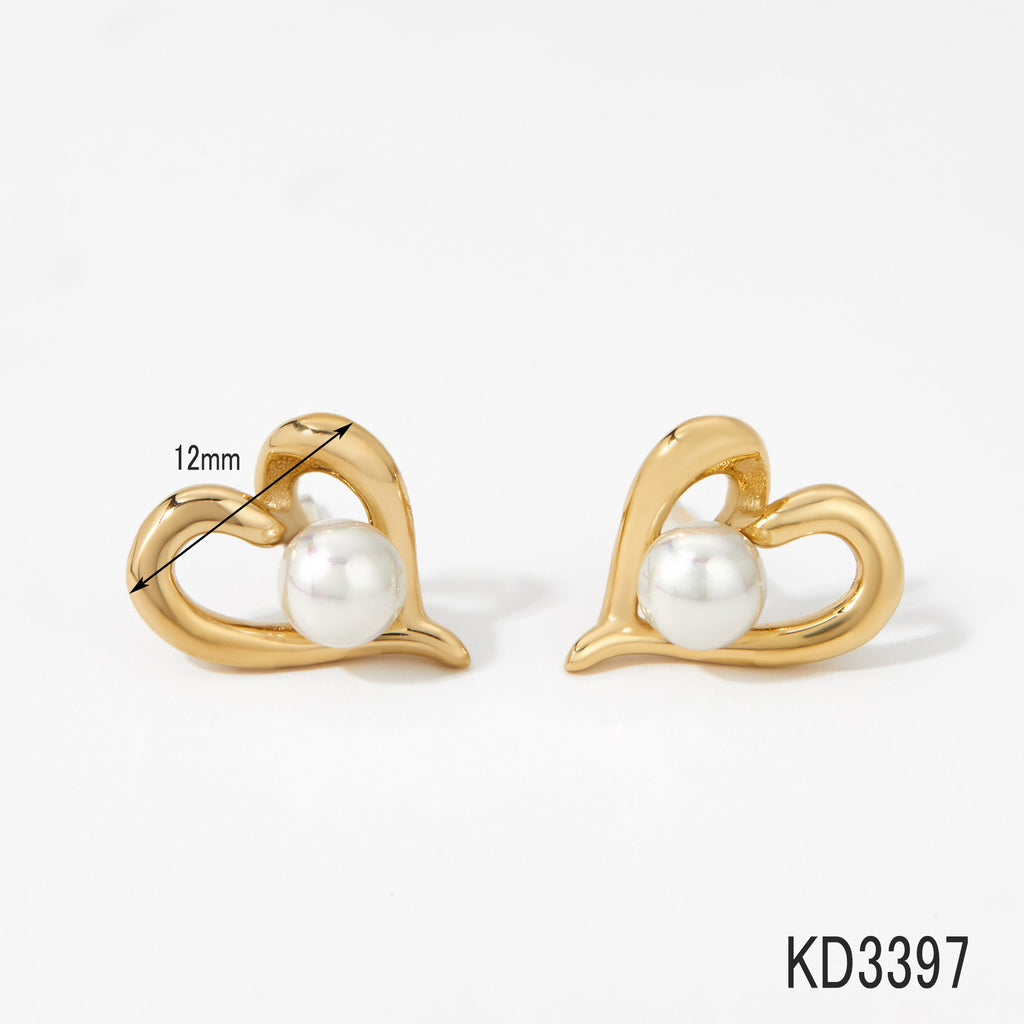 Stainless Steel Imitation Pearl Heart Stud Earrings 18K Gold Plated Bezel Setting Trendy Women's Jewelry for Party
