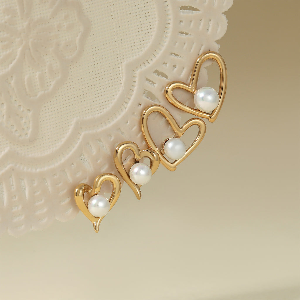 Stainless Steel Imitation Pearl Heart Stud Earrings 18K Gold Plated Bezel Setting Trendy Women's Jewelry for Party