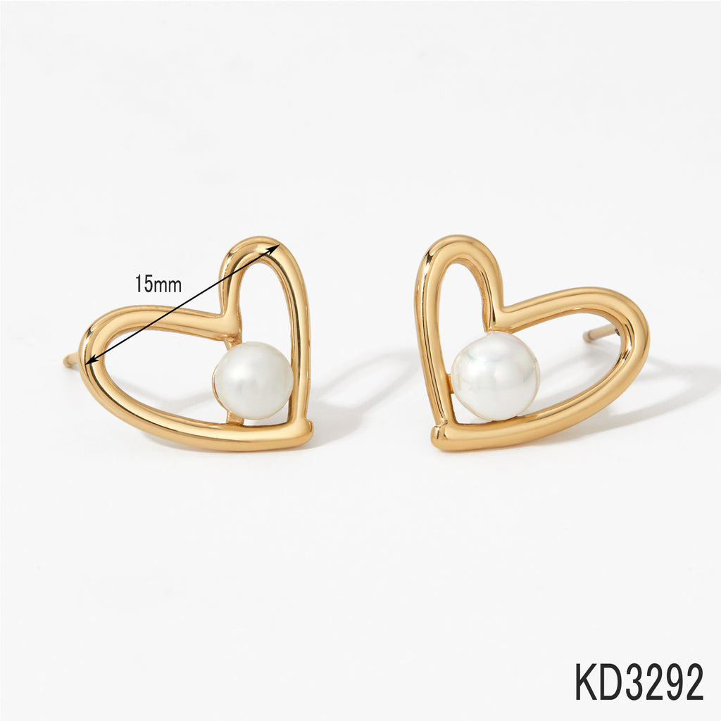 Stainless Steel Imitation Pearl Heart Stud Earrings 18K Gold Plated Bezel Setting Trendy Women's Jewelry for Party