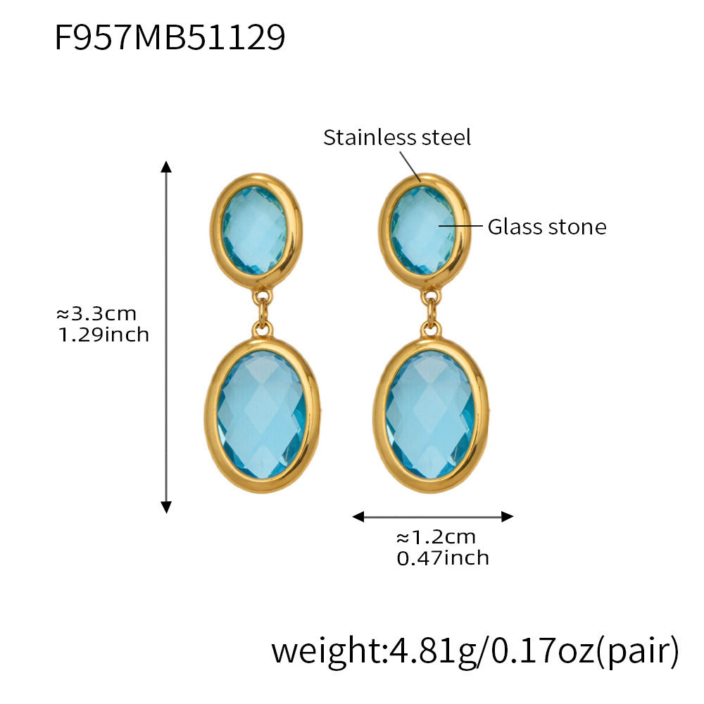 Trendy Vintage Teardrop Long Glass Drop Earrings for Women 18K Gold Plated Waterproof Stainless Steel Party