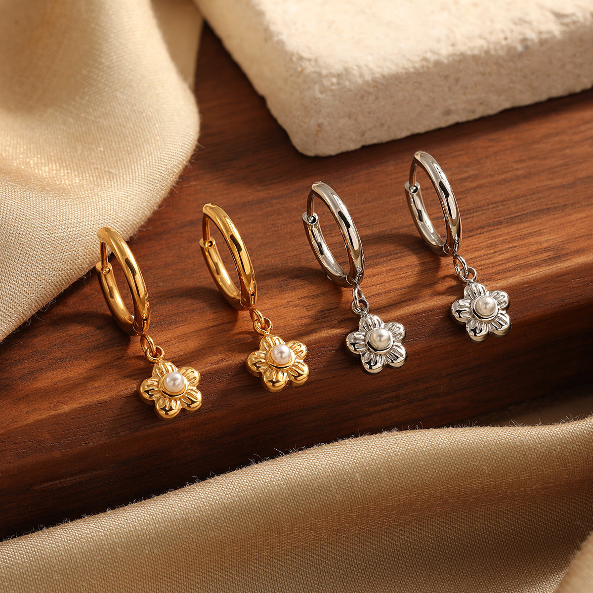 Customizable Stainless Steel 18K Gold Plated Pearl Flower Drop Earrings Trendy Fashion Jewelry for Women Party Waterproof