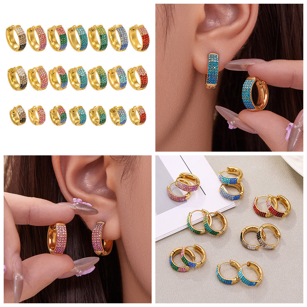 18K Gold Plated Stainless Steel Hoop Earrings Colorful Zircons Customizable Women Trendy Peace Design Party Occasion Wholesale