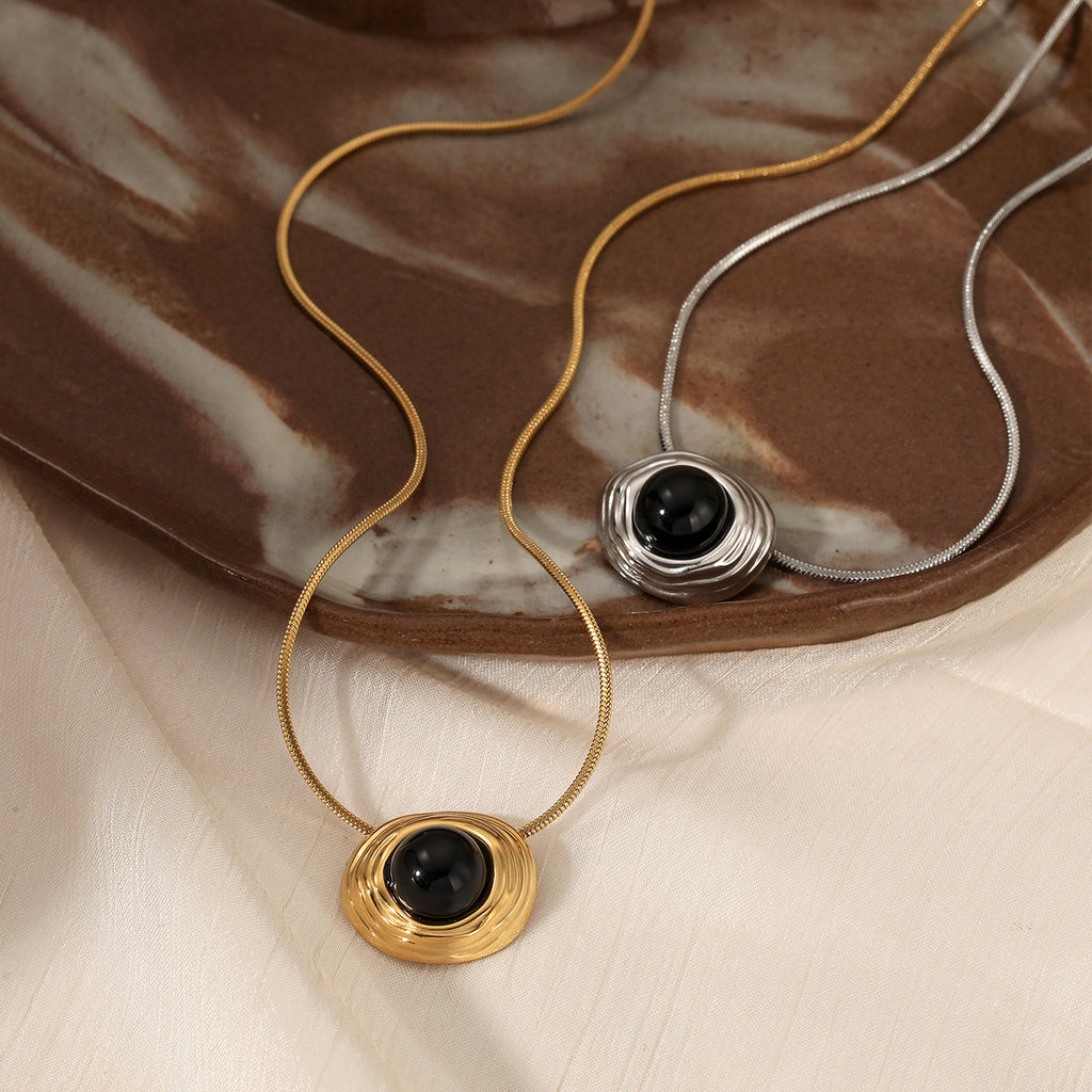 Customizable 18K PVD Gold Plated Round Rope Chain with Black Agate Pendant Tiara Crown Geometric Link Necklace for Parties