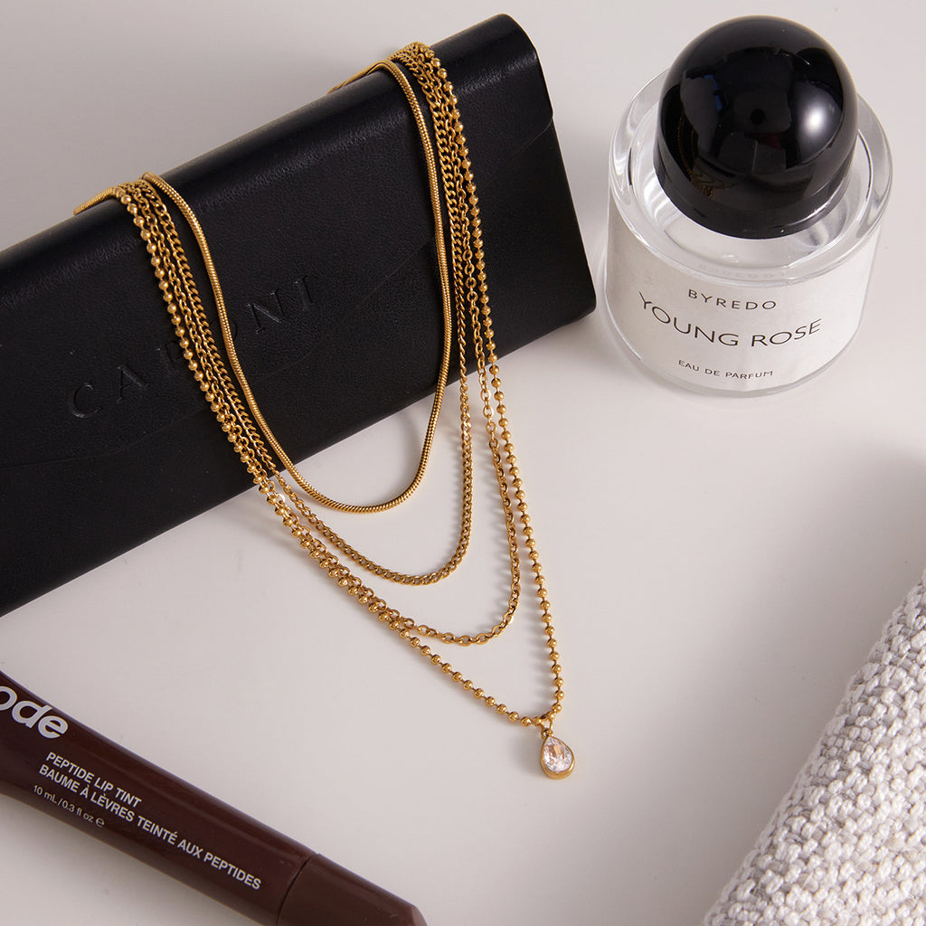 New Arrival 4-Layer Chains Stainless Steel 18K Gold Plated White Zircon Waterdrop Pendant Necklaces Cute Unisex Party Wholesale