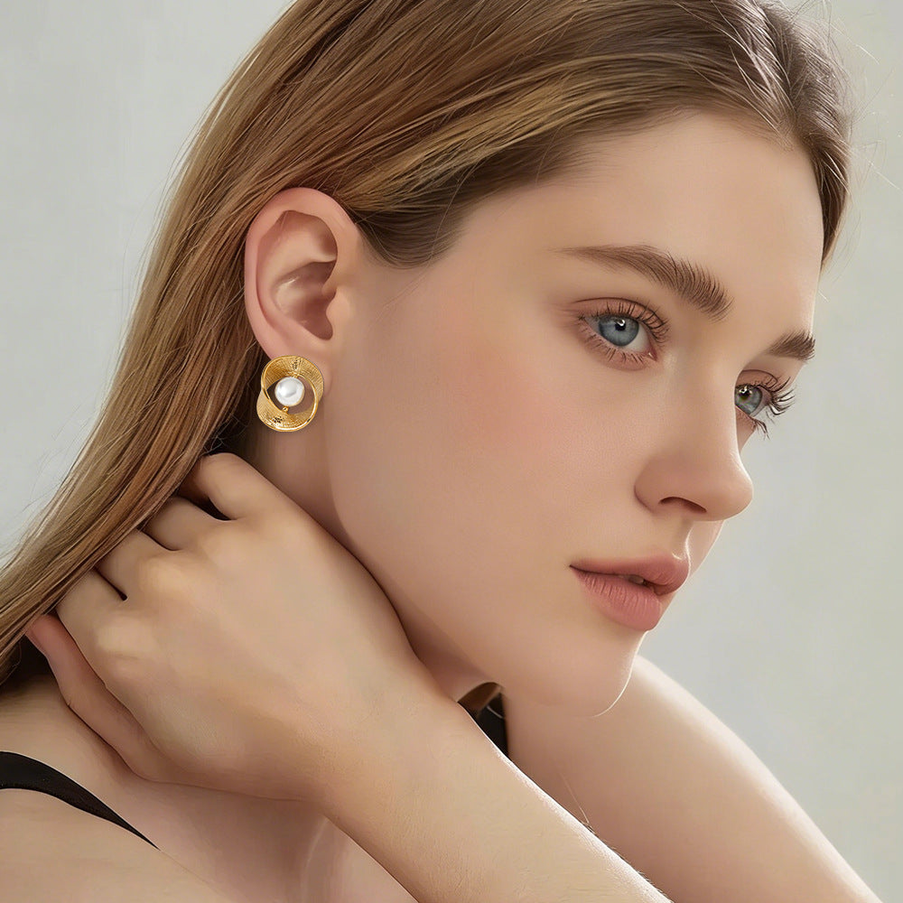 Versatile Textured Stud Earrings Irregular Creative Trendy Striped Pearl Stainless Steel Real Gold PVD Plated Fashion Jewelry