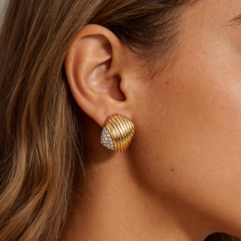 Versatile Textured Stud Earrings Irregular Creative Trendy Striped Pearl Stainless Steel Real Gold PVD Plated Fashion Jewelry