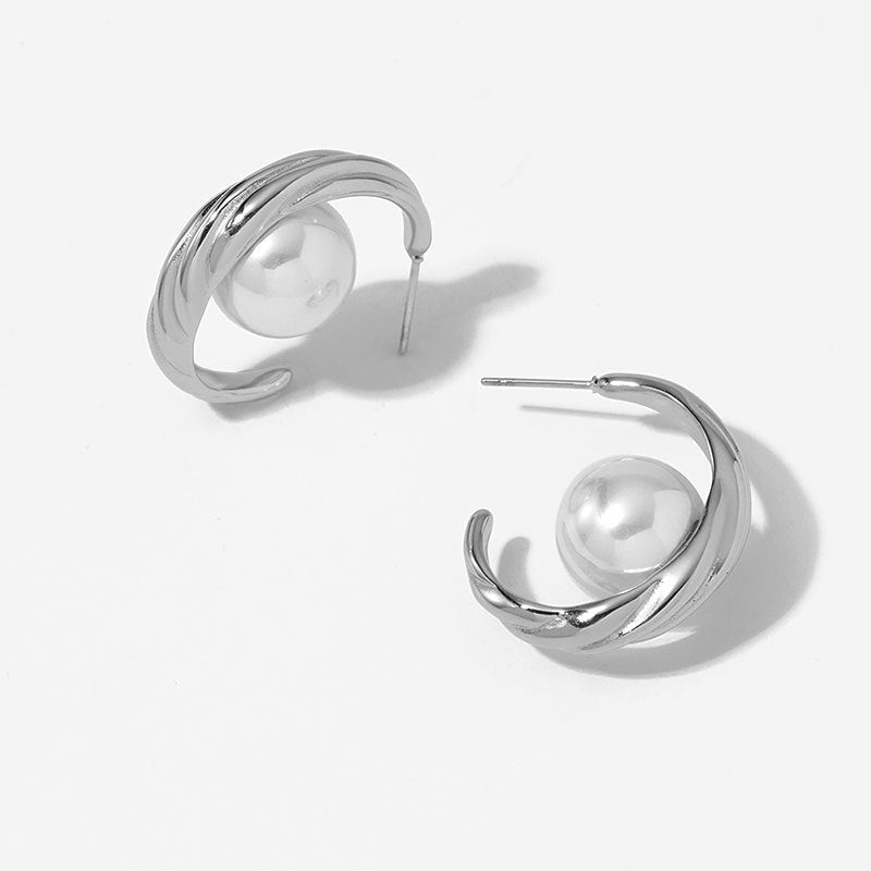 Versatile Textured Stud Earrings Irregular Creative Trendy Striped Pearl Stainless Steel Real Gold PVD Plated Fashion Jewelry