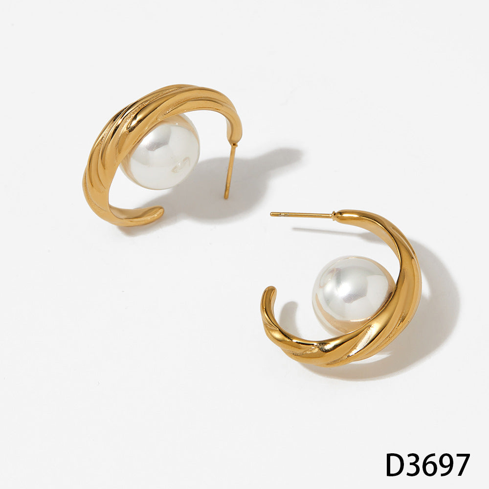 Versatile Textured Stud Earrings Irregular Creative Trendy Striped Pearl Stainless Steel Real Gold PVD Plated Fashion Jewelry