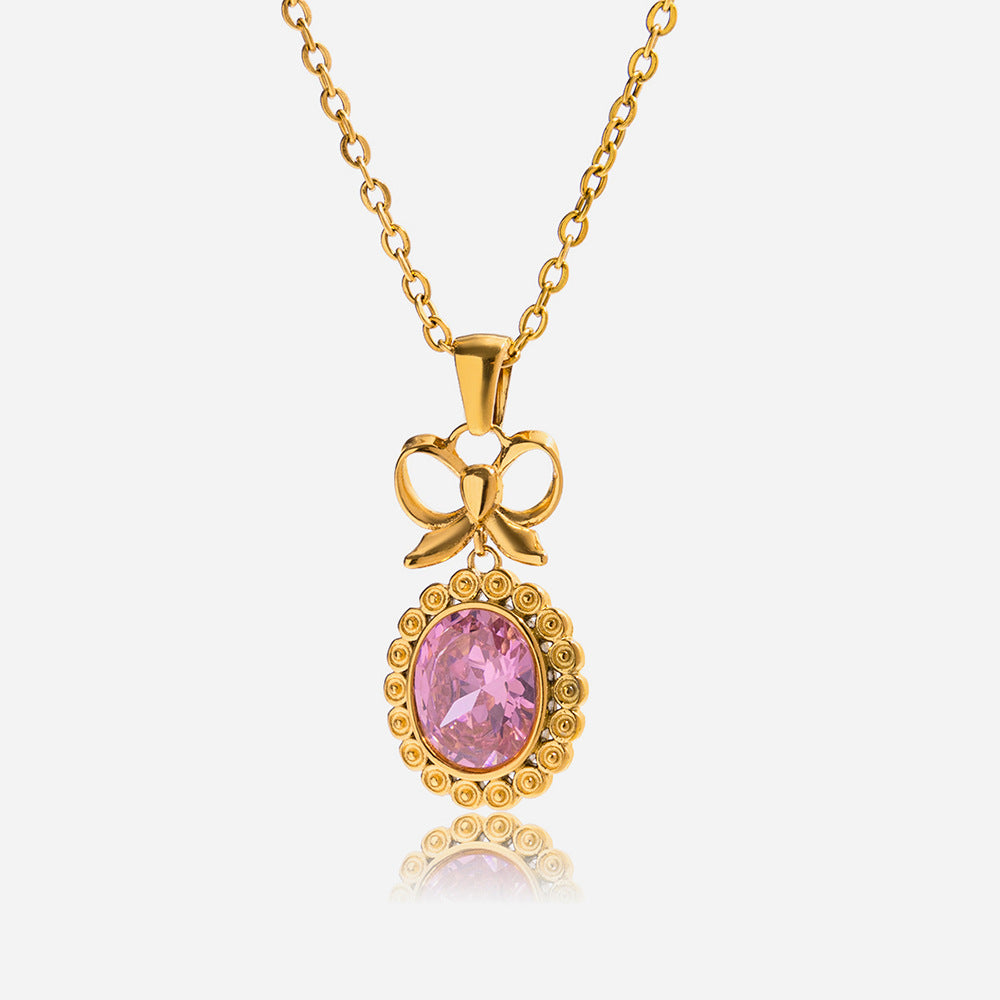 Customizable 18K Gold PVD Stainless Steel Pendant Necklace Bow Oval Pink Zircon Trendy Link Chain Fashion Jewelry for Girls Gift
