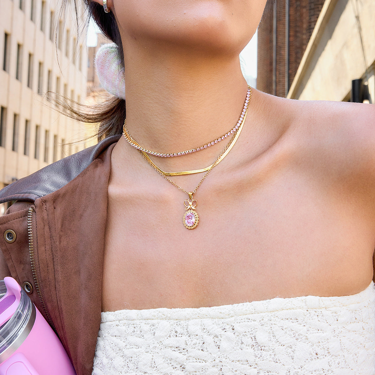 Customizable 18K Gold PVD Stainless Steel Pendant Necklace Bow Oval Pink Zircon Trendy Link Chain Fashion Jewelry for Girls Gift