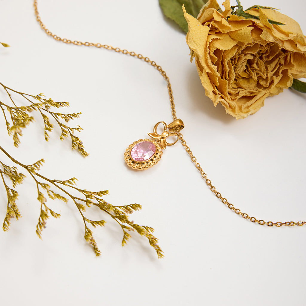 Customizable 18K Gold PVD Stainless Steel Pendant Necklace Bow Oval Pink Zircon Trendy Link Chain Fashion Jewelry for Girls Gift