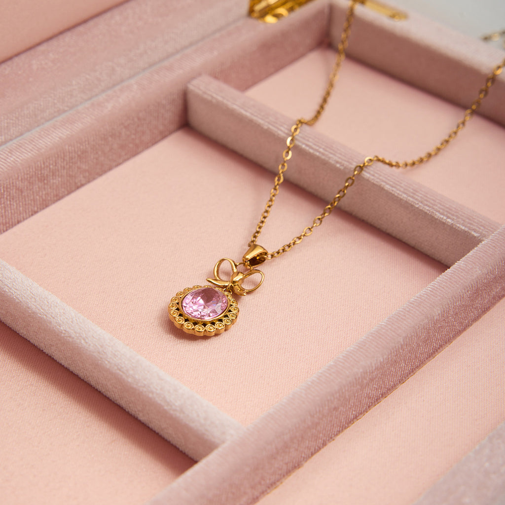 Customizable 18K Gold PVD Stainless Steel Pendant Necklace Bow Oval Pink Zircon Trendy Link Chain Fashion Jewelry for Girls Gift