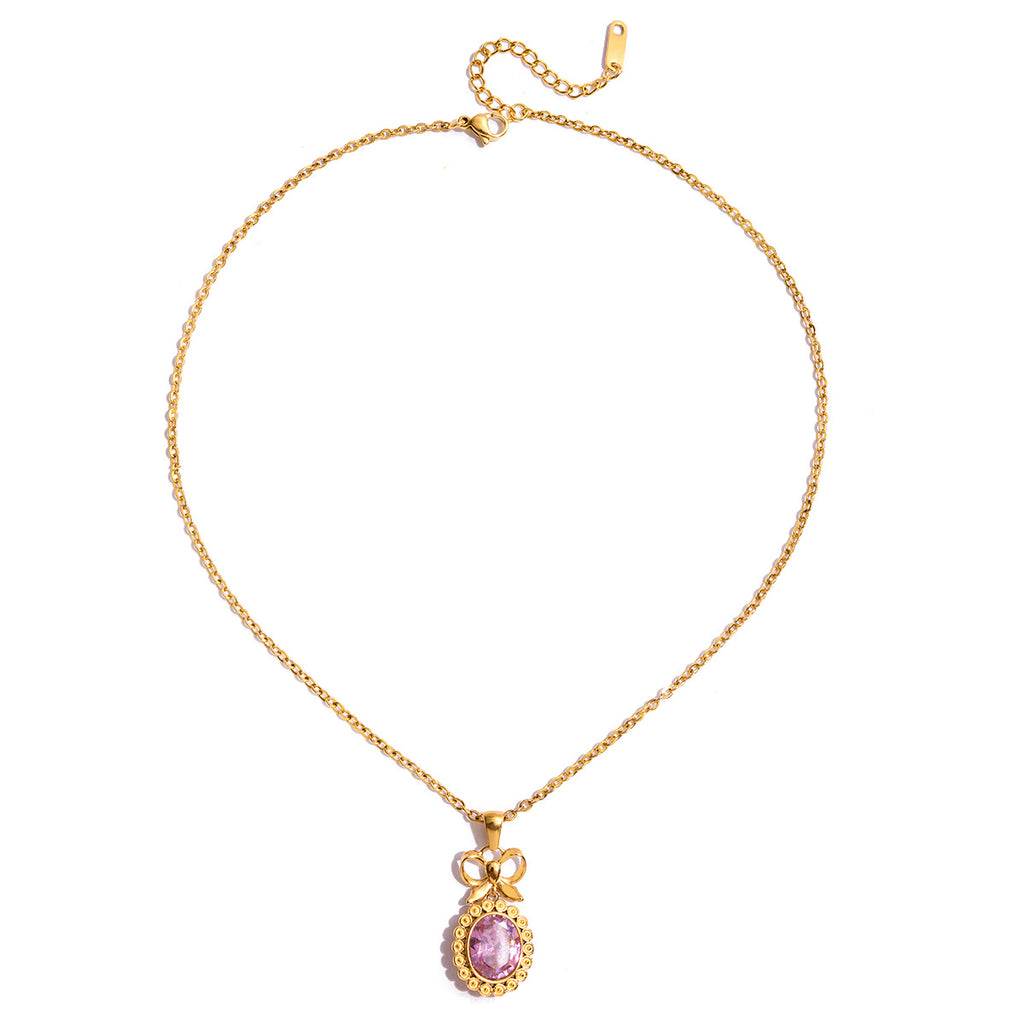 Customizable 18K Gold PVD Stainless Steel Pendant Necklace Bow Oval Pink Zircon Trendy Link Chain Fashion Jewelry for Girls Gift