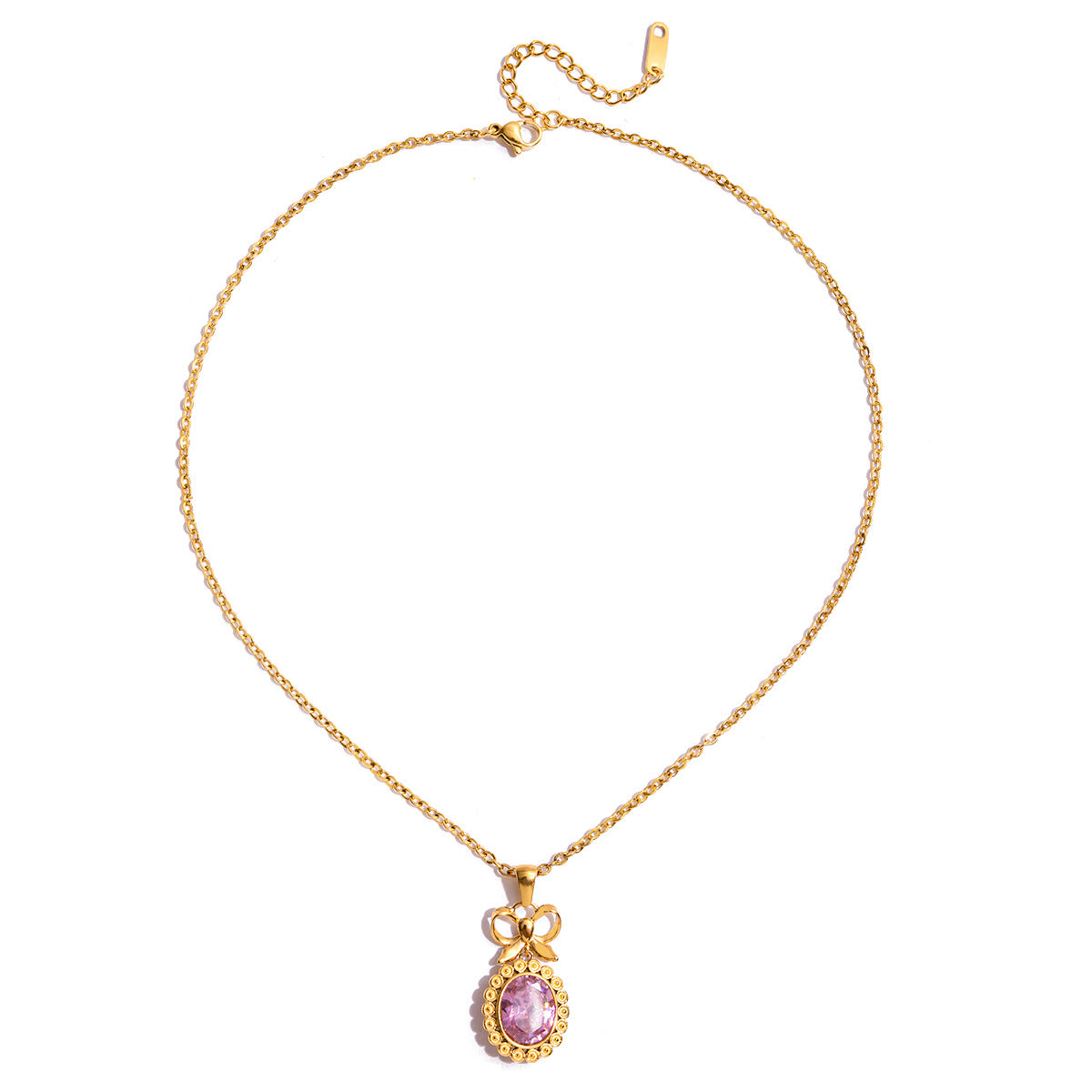 Customizable 18K Gold PVD Stainless Steel Pendant Necklace Bow Oval Pink Zircon Trendy Link Chain Fashion Jewelry for Girls Gift