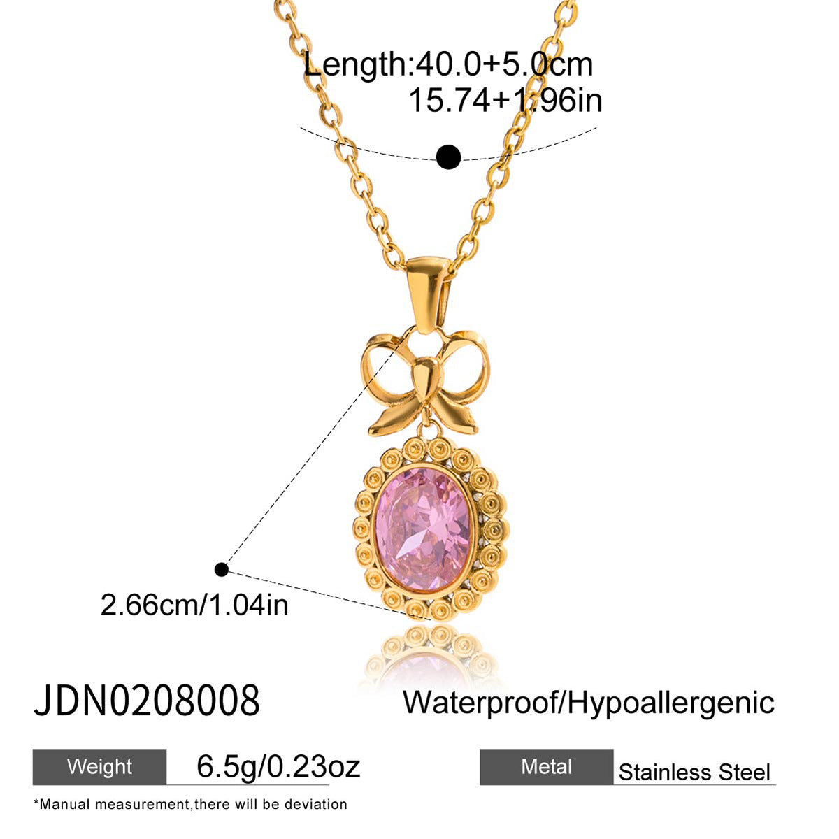 Customizable 18K Gold PVD Stainless Steel Pendant Necklace Bow Oval Pink Zircon Trendy Link Chain Fashion Jewelry for Girls Gift
